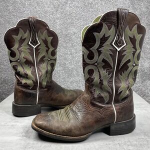 Ariat Tombstone Western Boot Womens 9 B Leather Square Toe Brown Green Stitch
